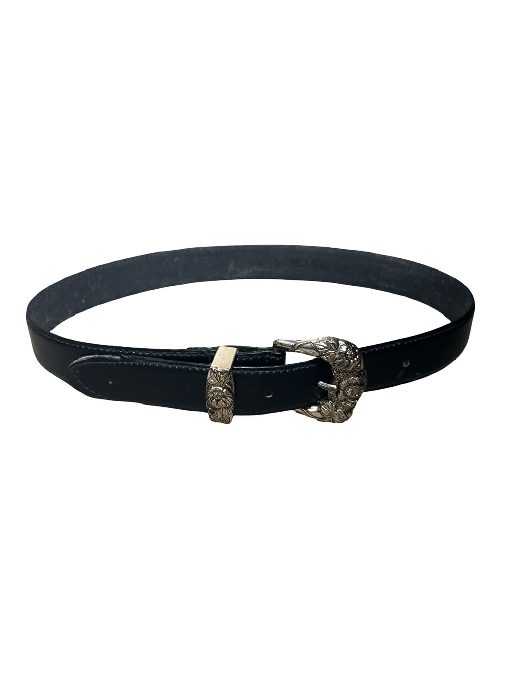 Vintage Donna Katz Black Genuine Leather Belt - Silver Western Buckle - Size 27